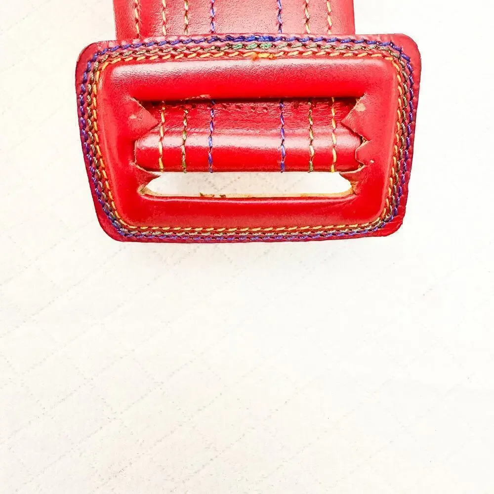 Guy Laroche France Vintage Red Leather Belt Colorful Stitching Size 28